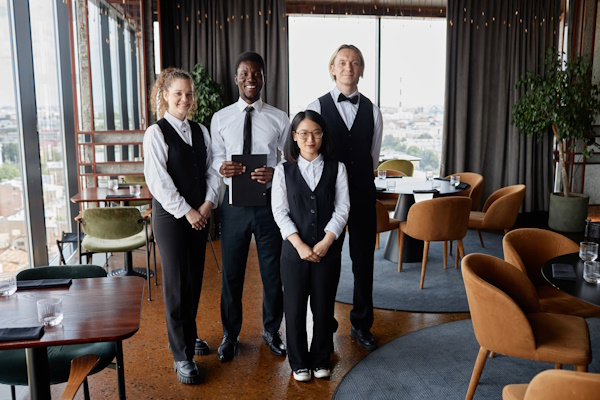 Full length portrait of restaurant staff with servers wearing classic black and white uniforms standing in dining room and looking at camera